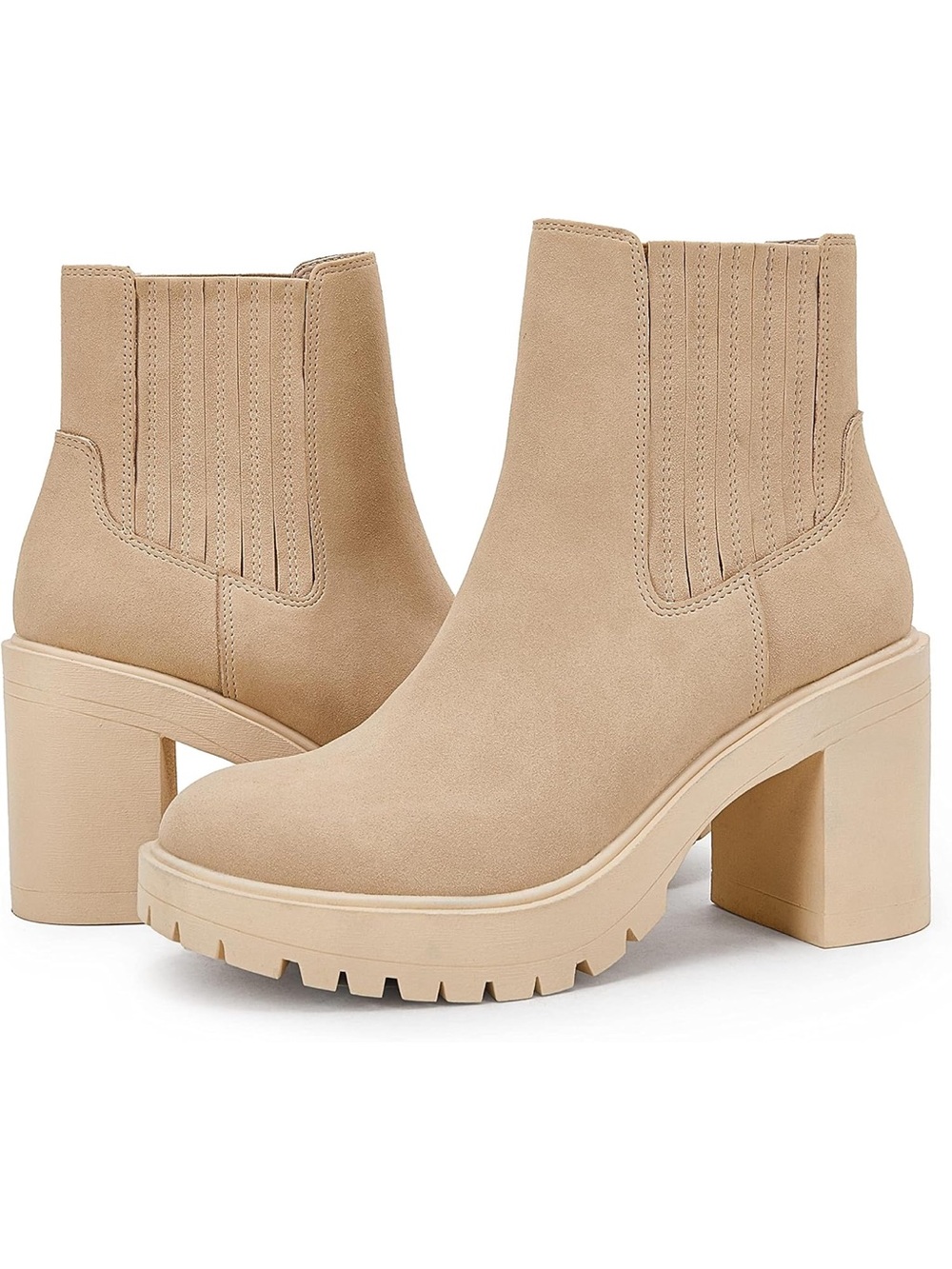 Beige Chunky Heel Chelsea Ankle Boots - Women's
